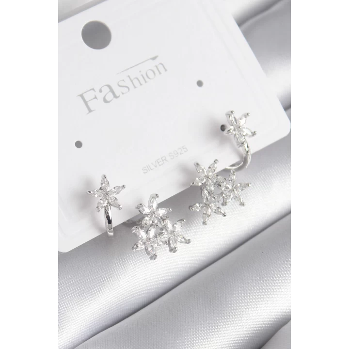 Pirinç Gümüş Renk Zirkon Taşlı Çiçek Tasarım Kadın Küpe - TJ-BKP8606