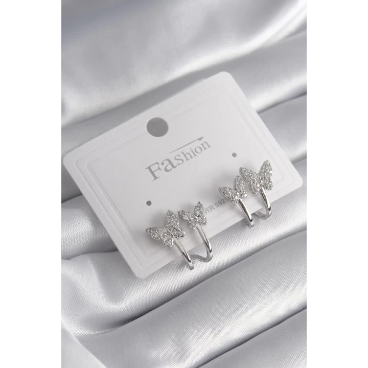 Pirinç Gümüş Renk Zirkon Taşlı Kelebek Model Kadın Küpe - TJ-BKP8423