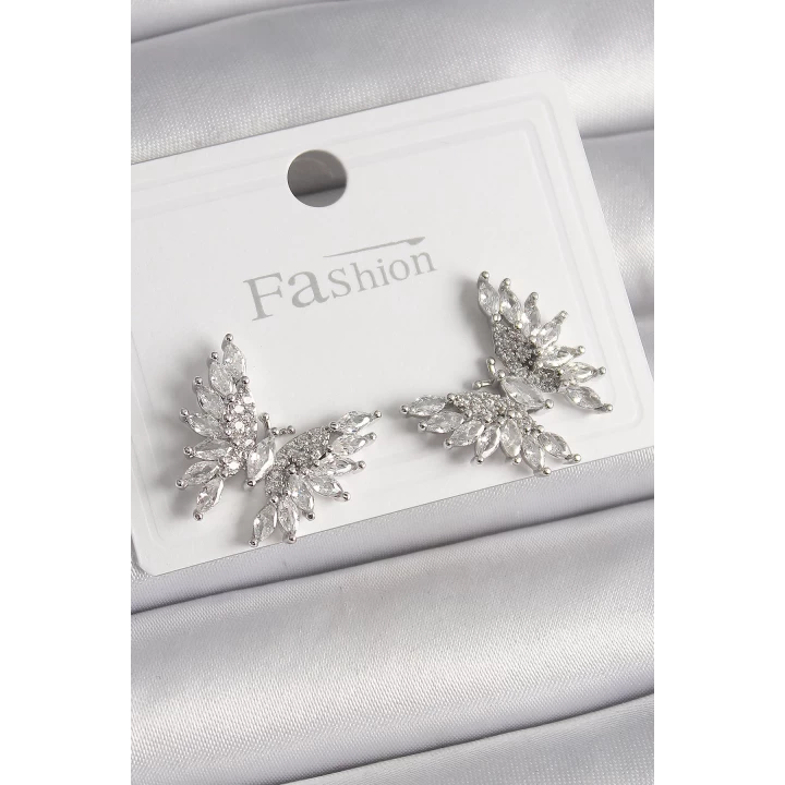 Pirinç Gümüş Renk Zirkon Taşlı Kelebek Model Kadın Küpe - TJ-BKP9908