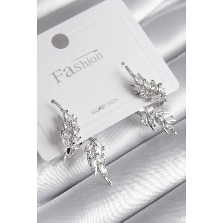 Pirinç Gümüş Renk Zirkon Taşlı Yaprak Model Kadın Küpe - TJ-BKP8608
