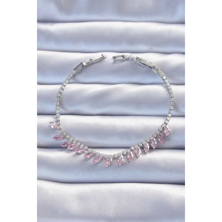 Pirinç Vip Seri Gümüş Renk Pembe Zirkon Taşlı Bileklik - TJ-BB6326