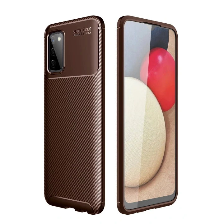 Samsung Galaxy A02S Kılıf Auto Focus Karbon Kapak - Kahverengi