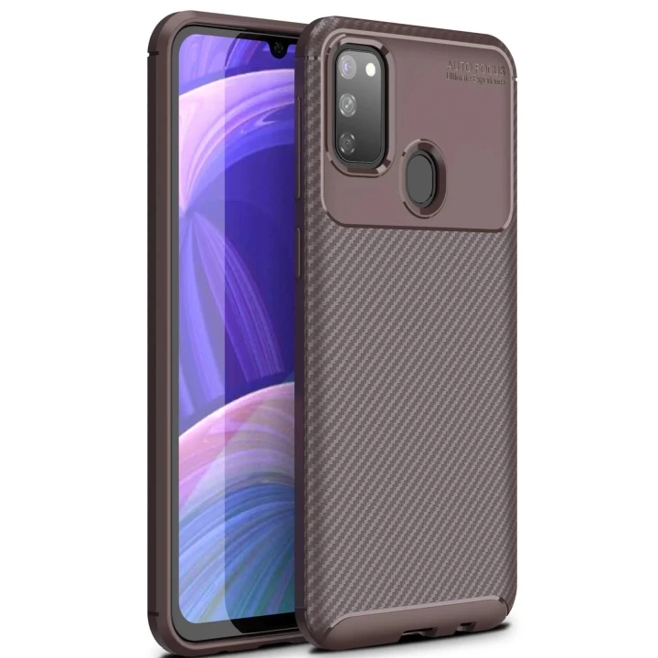 Samsung Galaxy M30S Kılıf Auto Focus Karbon Kapak - Kahverengi