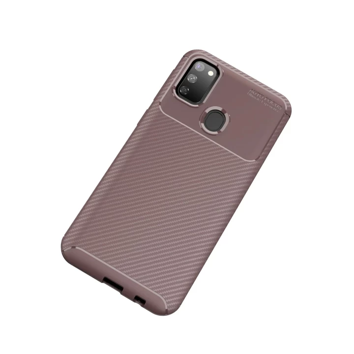 Samsung Galaxy M30S Kılıf Auto Focus Karbon Kapak - Kahverengi