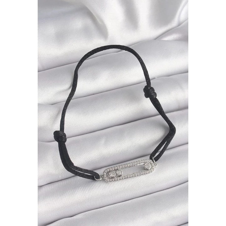 Siyah Renk İpli Asansör Zirkon Taşlı Gümüş Messika Model Kadın Bileklik - TJ-BB6580