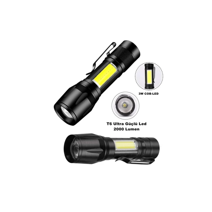 Ultra Çift Yönlü Güçlü Pilli Led El Feneri 2000 Lümen 6W Cob Led Su Geçirmez Zoomlu 3 Modlu