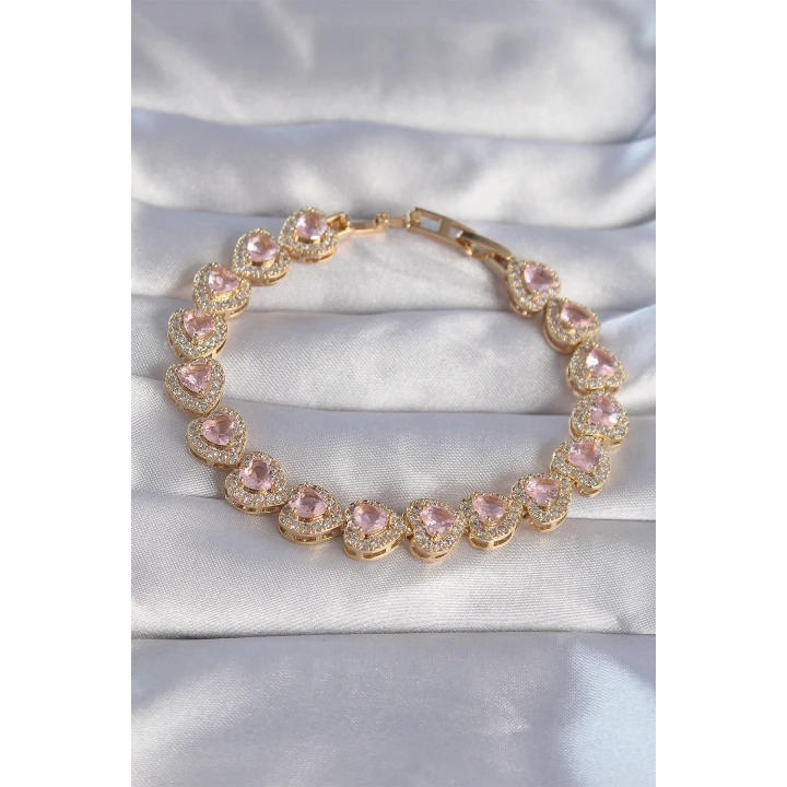 Vip Seri Pirinç Gold Renk Pembe Zirkon Taşlı Kalp Tasarımlı Bileklik - TJ-BB6127