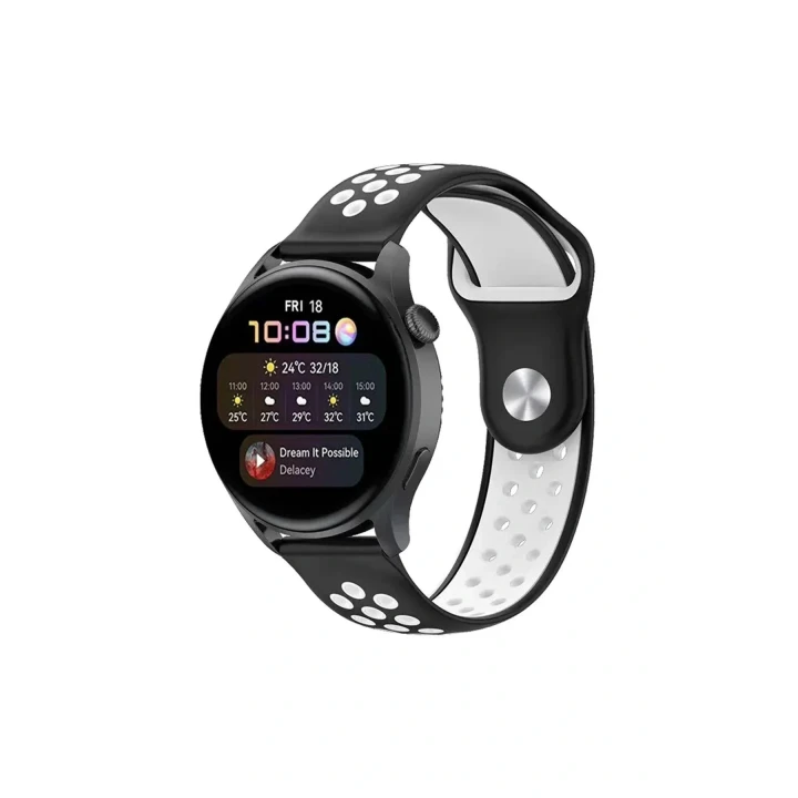 Watch 22mm Spor Delikli Kordon - Siyah-Beyaz
