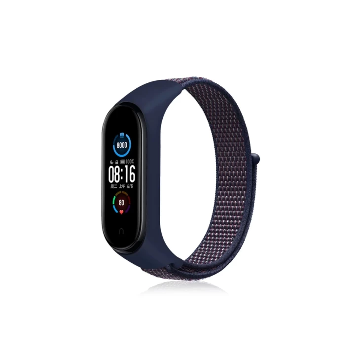 Xiaomi Mi Band 4 Hasırlı Cırtcırtlı Kordon - Lacivert-Mor