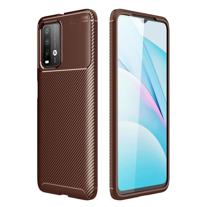 Xiaomi Redmi 9T Kılıf Auto Focus Karbon Kapak - Kahverengi