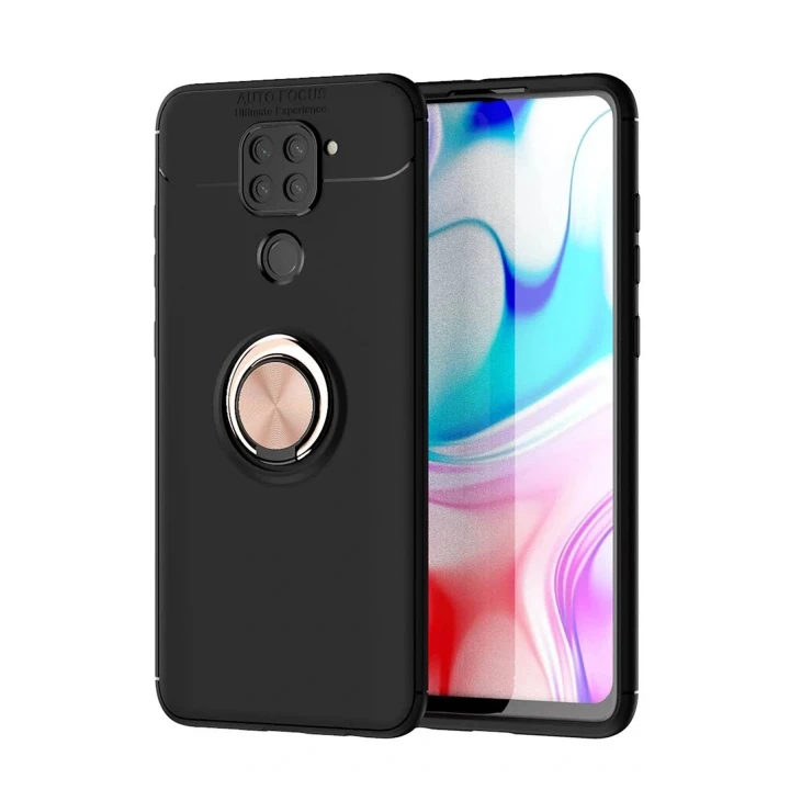 Xiaomi Redmi Note 9 Kılıf Range Yüzüklü Silikon - Siyah-Gold