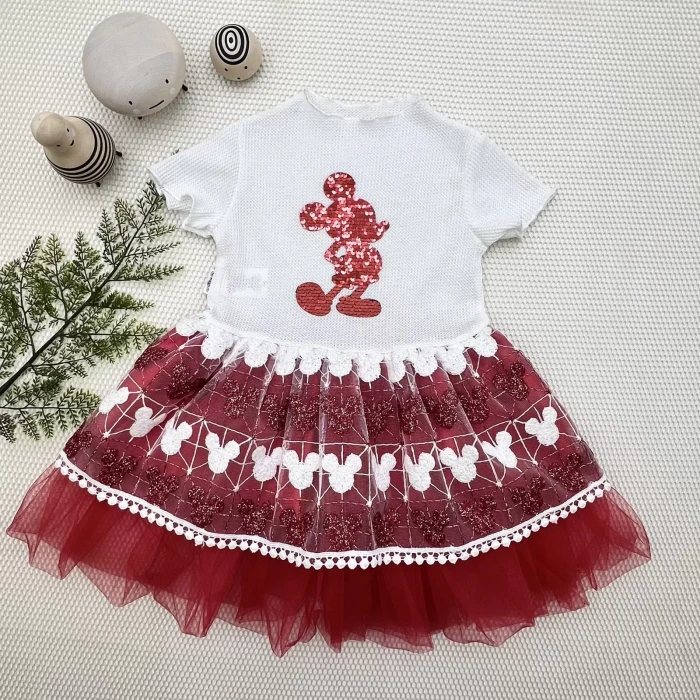 1-2-3 Yaş Payetli Mickey Baskılı Brode Etekli Kız Bebek Elbisesi Kırmızı