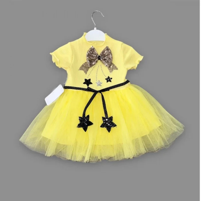 1-2-3 Yaş Payetli Yıldız Nakışlı Astarlı Etek Kız Bebek Tütü Elbisesi Sarı