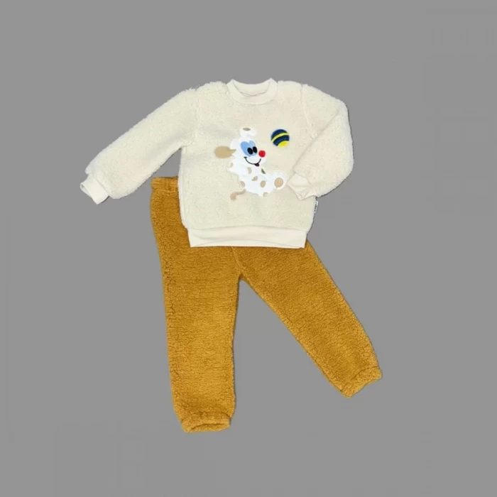 1-2-3 Yaş Toplu Köpek Nakışlı Kuzu Kumaş Sweat Pantolonlu Uzun Kollu Kız Erkek Bebek Takımı Hardal