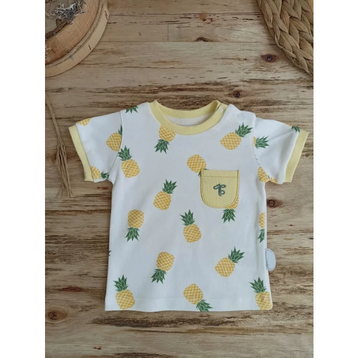 3-6 6-9 9-12 Ay Ananas Baskılı Şort Tişört 2 Li Kız Erkek Bebek Takımı Sarı