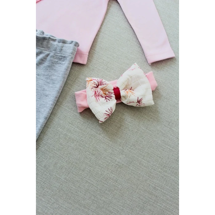 3-6 6-9 9-12 Ay Matmazel Yaka Fırfır Detaylı Bandanalı Uzun Kollu Sweat 3lü Kız Bebek Takımı Pembe