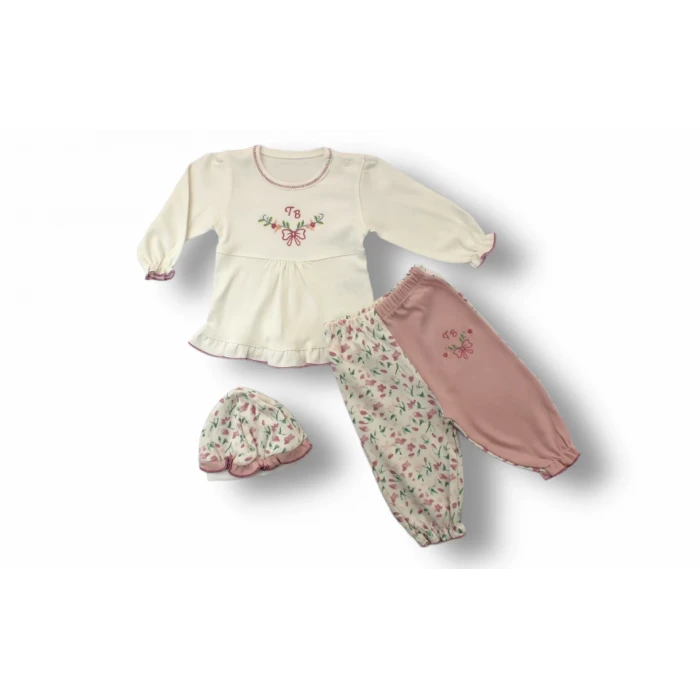 3-6 6-9 9-12 Ay Tb Çiçek Nakışlı Şapkalı Uzun Kollu Sweatli 3lü Kız Bebek Takımı Ekru