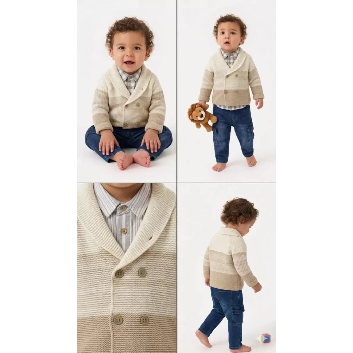 6/24 Ay Triko Hırkalı Tişörtlü 4 Parça Bebek Takımı