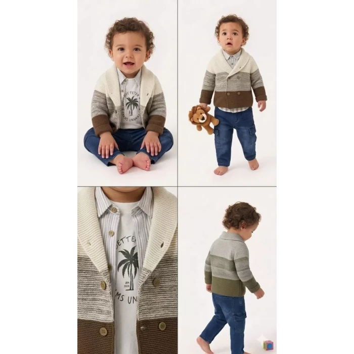 6/24 Ay Triko Hırkalı Tişörtlü 4 Parça Bebek Takımı