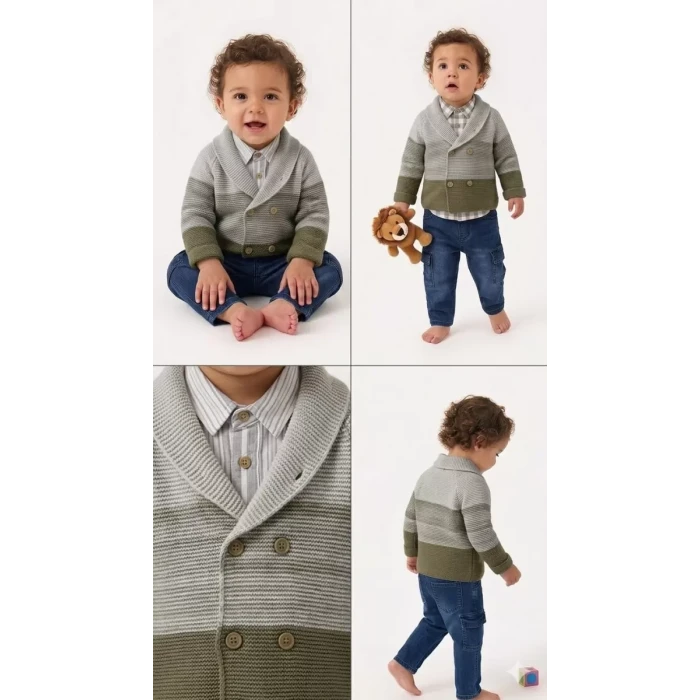 6/24 Ay Triko Hırkalı Tişörtlü 4 Parça Bebek Takımı