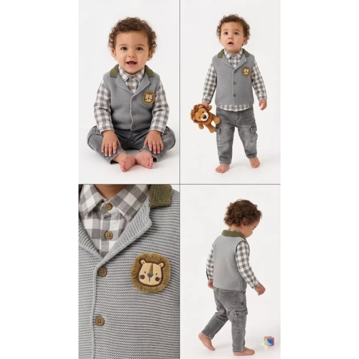 6/24 Ay Triko Yelekli 3 Parça Bebek Takımı