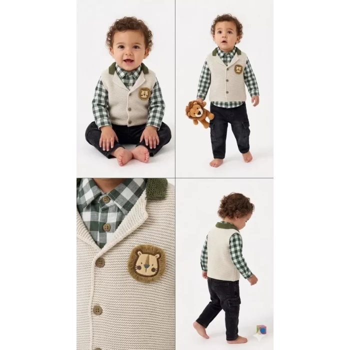 6/24 Ay Triko Yelekli 3 Parça Bebek Takımı