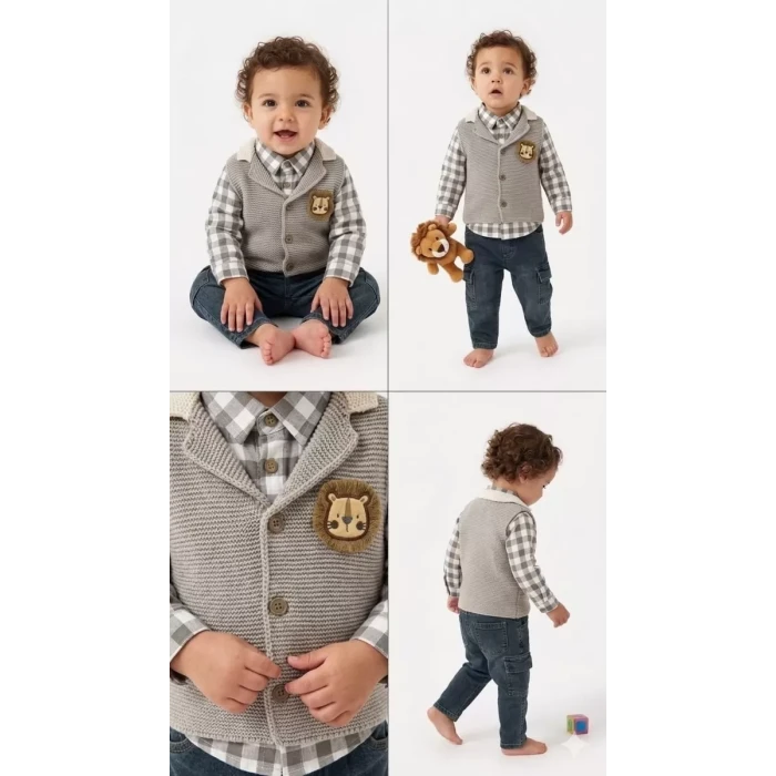 6/24 Ay Triko Yelekli 3 Parça Bebek Takımı