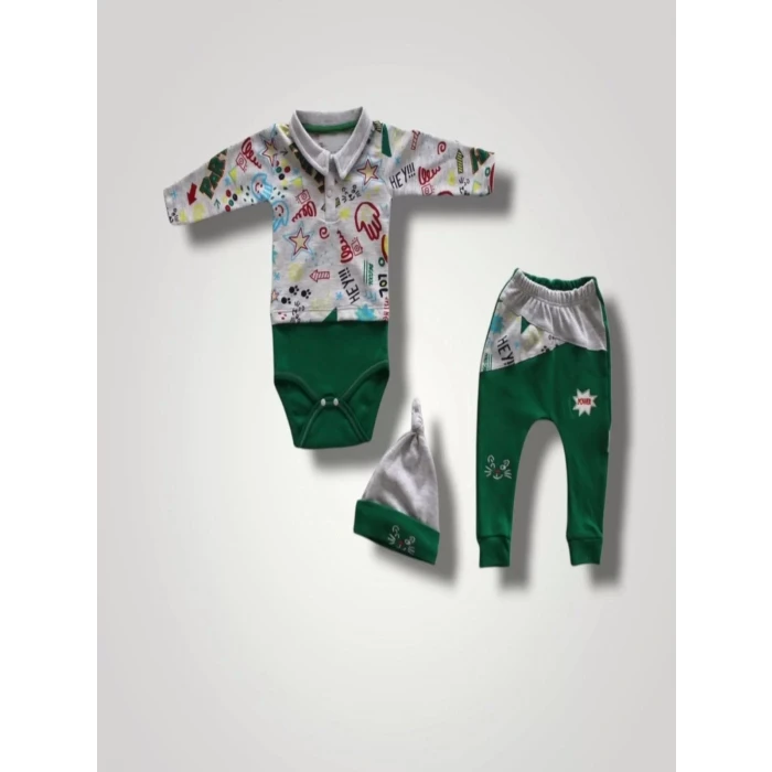 6-9 12-18 18-24 Ay Power Kedi Nakışlı Uzun Kollu Zıbınlı Şapkalı 3lü Kız Erkek Bebek Takımı Yeşil