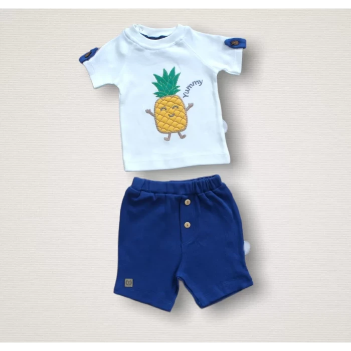 6-9 9-12 12-18 Ay Ananas Nakışlı Kısa Kollu Sweatli Şortlu 2li Kız-erkek Bebek Takımı Mavi