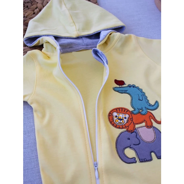 6-9 9-12 Ay Ef Çizgi Boy Fermuarlı Hayvanlar Alemi Nakışlı Kapşonlu Kız Erkek Bebek Tulumu Sarı