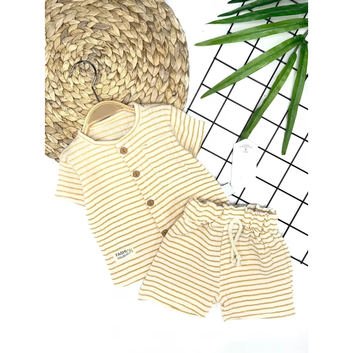 9-12-18-24 Ay Düğme Detaylı Çizgili Müslin Kumaş Yazlık 2li Erkek Bebek Takımı