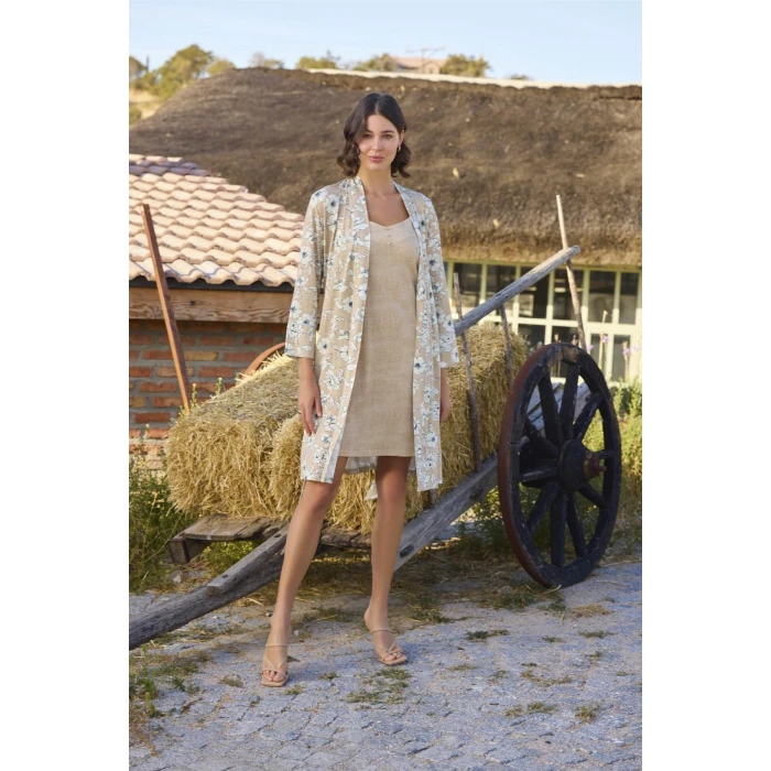 Çiçek Desenli Önü Düğmeli Sabahlık Takımı