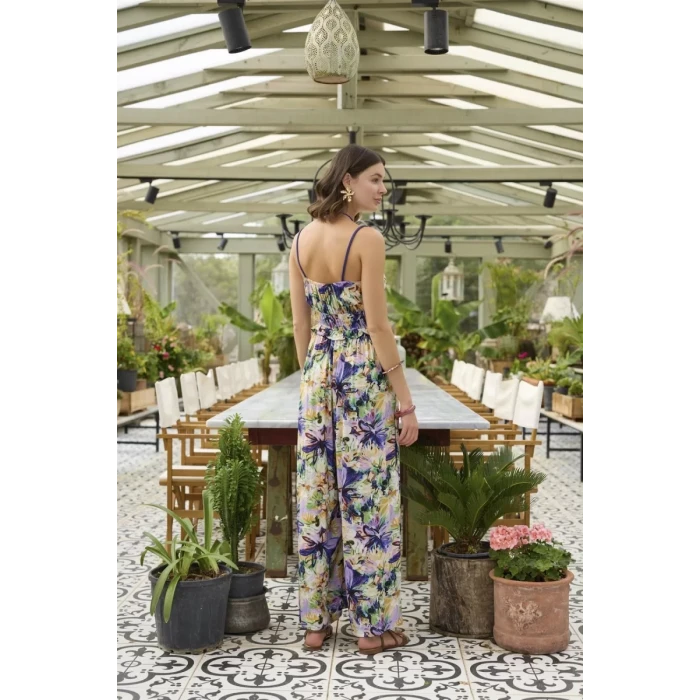 Çiçek Ve Yaprak Desenli İp Askılı Tulum