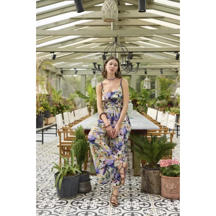 Çiçek Ve Yaprak Desenli İp Askılı Tulum