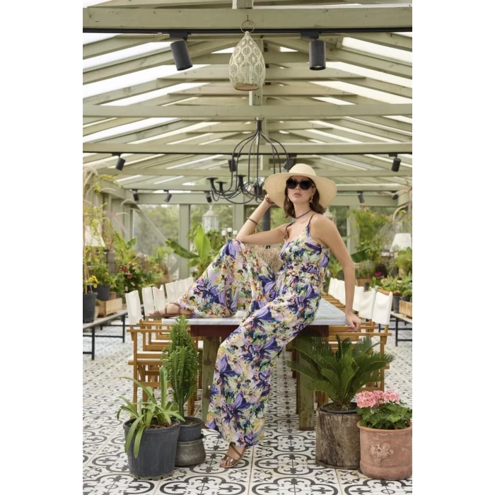 Çiçek Ve Yaprak Desenli İp Askılı Tulum