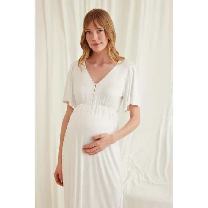 Dantelli Önü Düğmeli Hamile Lohusa Gecelik