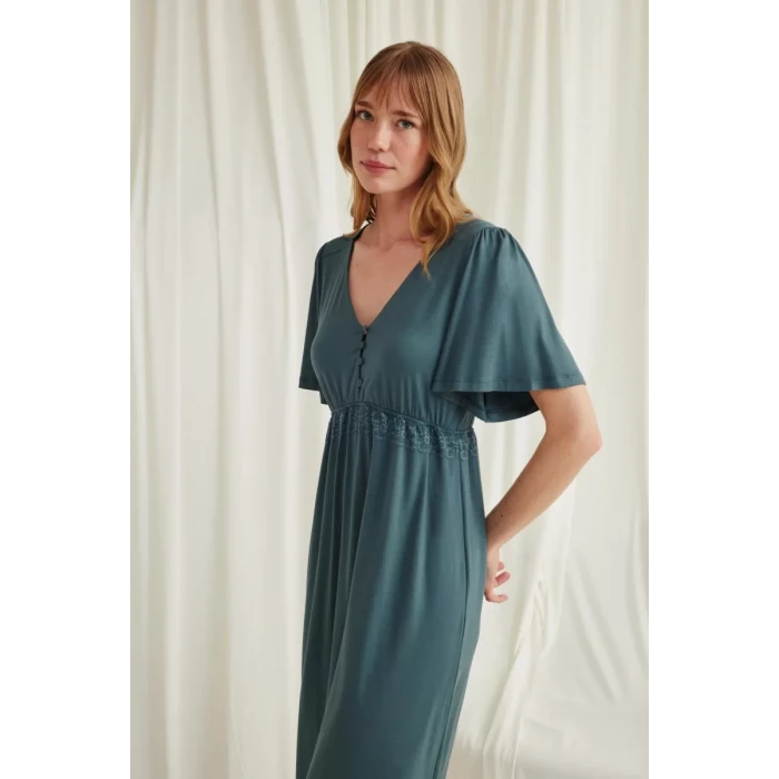 Dantelli Önü Düğmeli Hamile Lohusa Viskon Gecelik