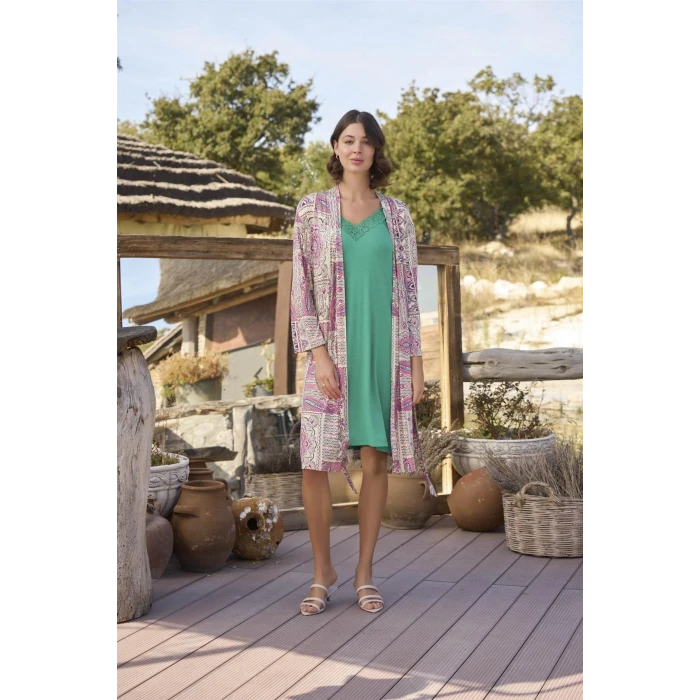 Etnik Deseni Ve Dantelli Sabahlık Takımı