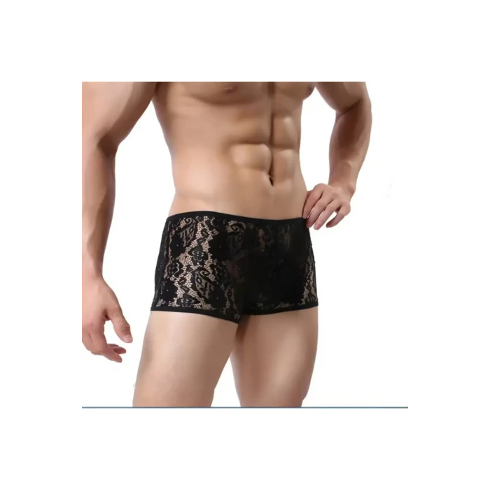 Fantezi Dantelli Seksi Siyah Erkek Boxer - Seksi Erkek İç Çamaşırı