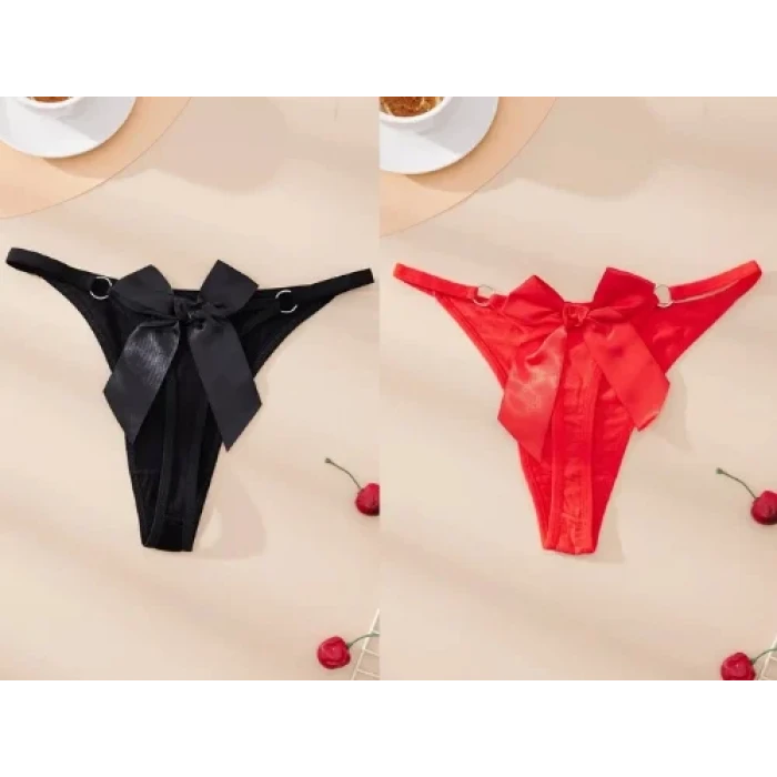 Fantezi Kadın 2li Fiyonklu Halkalı Tanga