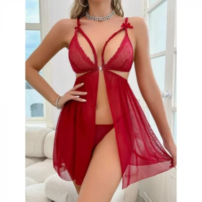 Fantezi Kırmızı Dantel Sütyenli Transparan Gecelik