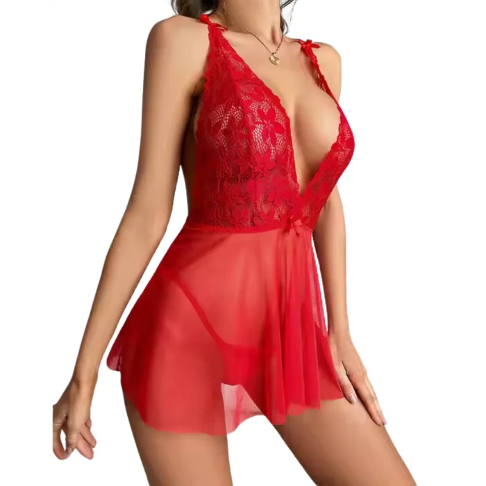 Fantezi Kırmızı Dantelli Transparan Tül Etekli Seksi Elbise Gecelik