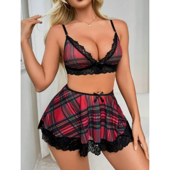 Fantezi Seksi Dantelli Ekose Sütyen Mini Etek Takım