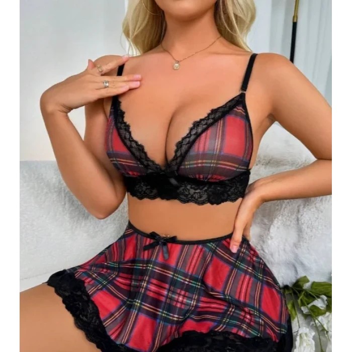 Fantezi Seksi Dantelli Ekose Sütyen Mini Etek Takım