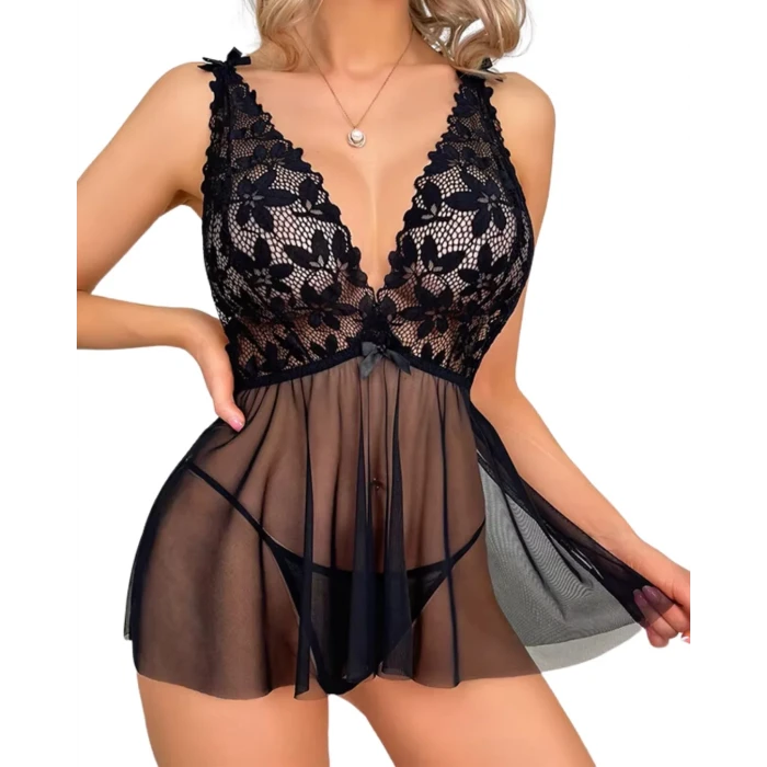 Fantezi Siyah Dantelli Transparan Tül Etekli Seksi Elbise Gecelik