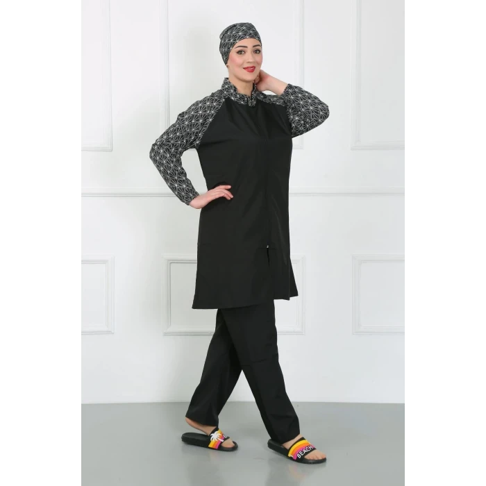 Giyim Büyük Beden Desenli Tesettür Mayo Siyah