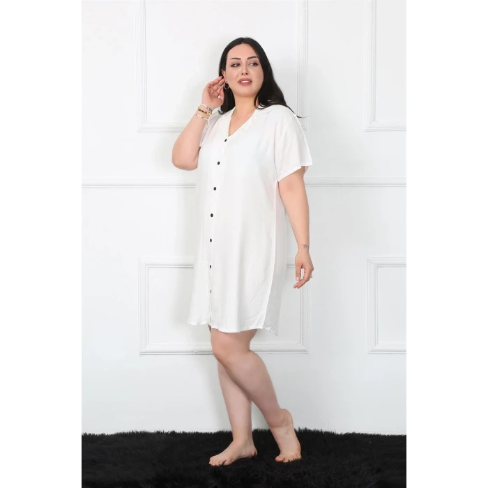 Giyim Büyük Beden Dokuma Düğmeli Beyaz Tunik Gecelik