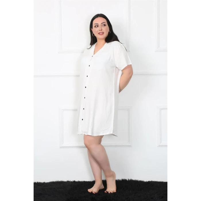 Giyim Büyük Beden Dokuma Düğmeli Beyaz Tunik Gecelik