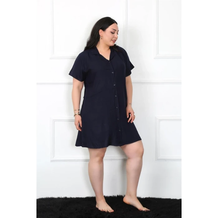 Giyim Büyük Beden Dokuma Düğmeli Lacivert Tunik Gecelik