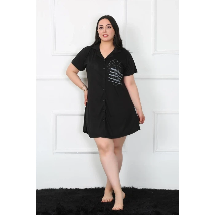 Giyim Büyük Beden Penye Düğmeli Siyah Tunik Gecelik